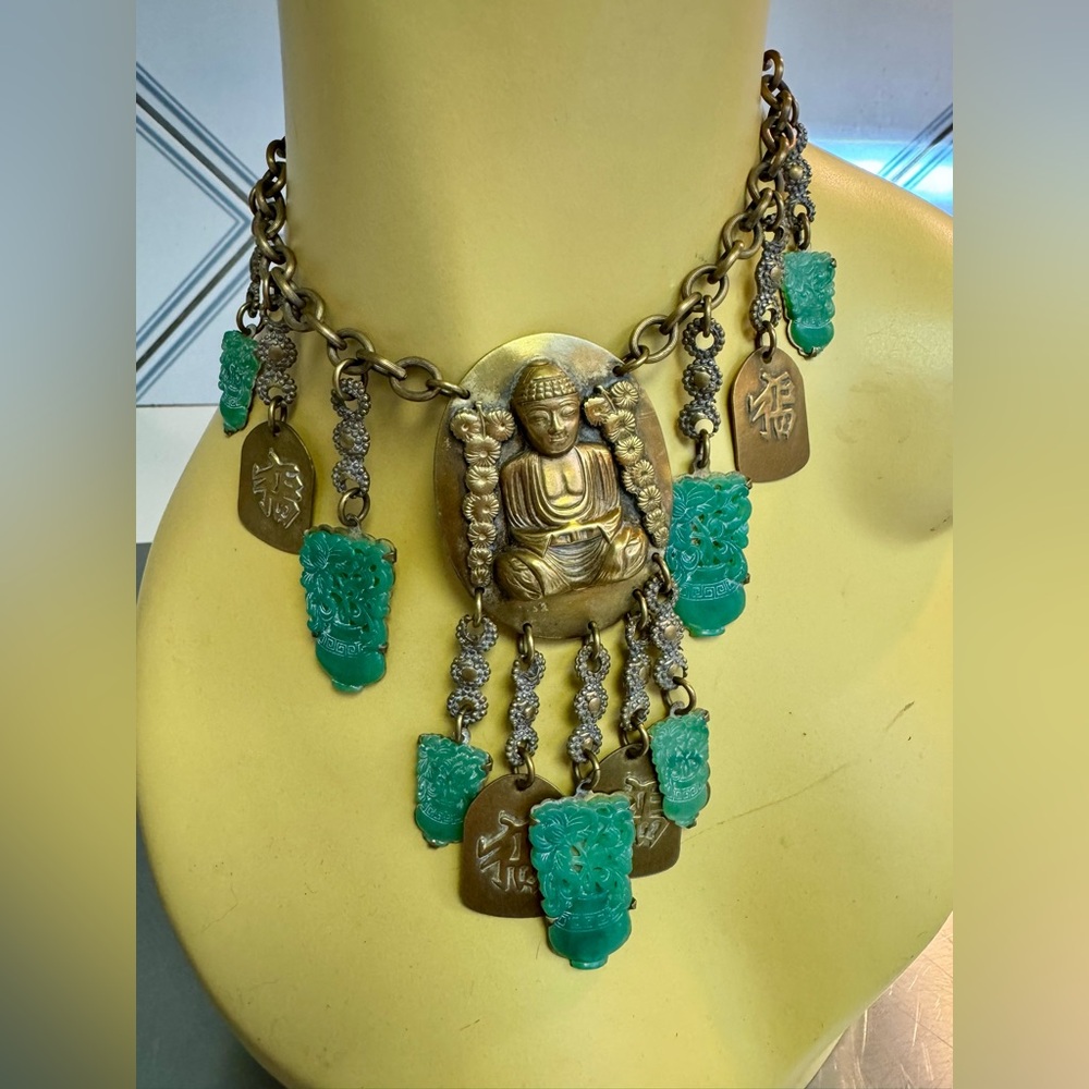 Antique 1930s Art Deco revival asian brass Buddha multi~charm faux jade festoon - Picture 3 of 13